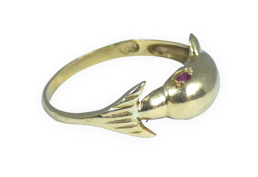 Vintage 18ct Solid Yellow Gold Pink Red Ruby Dolphin Dress Ring Size 8.5 Q 58