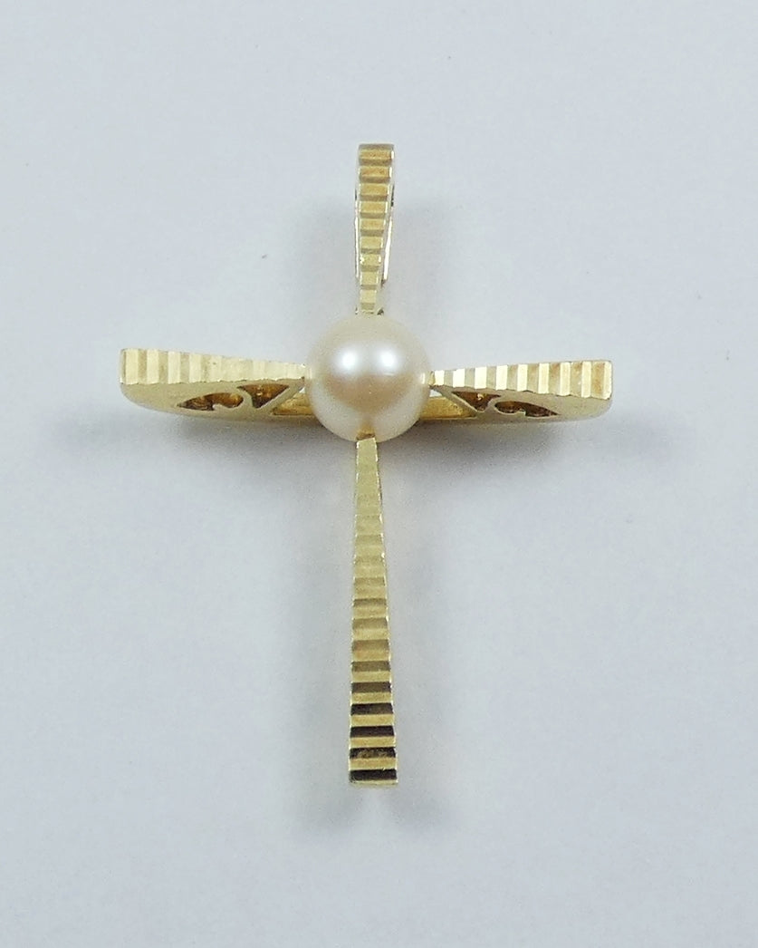 Vintage Solid 18ct Yellow Gold 6mm Pearl Large 33mm Cross Necklace Pendant 750