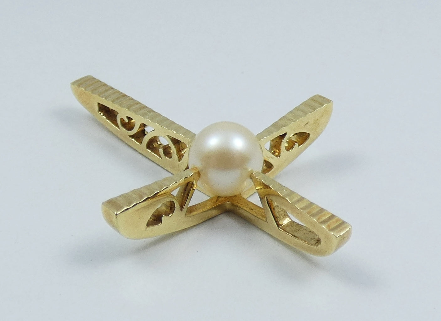 Vintage Solid 18ct Yellow Gold 6mm Pearl Large 33mm Cross Necklace Pendant 750