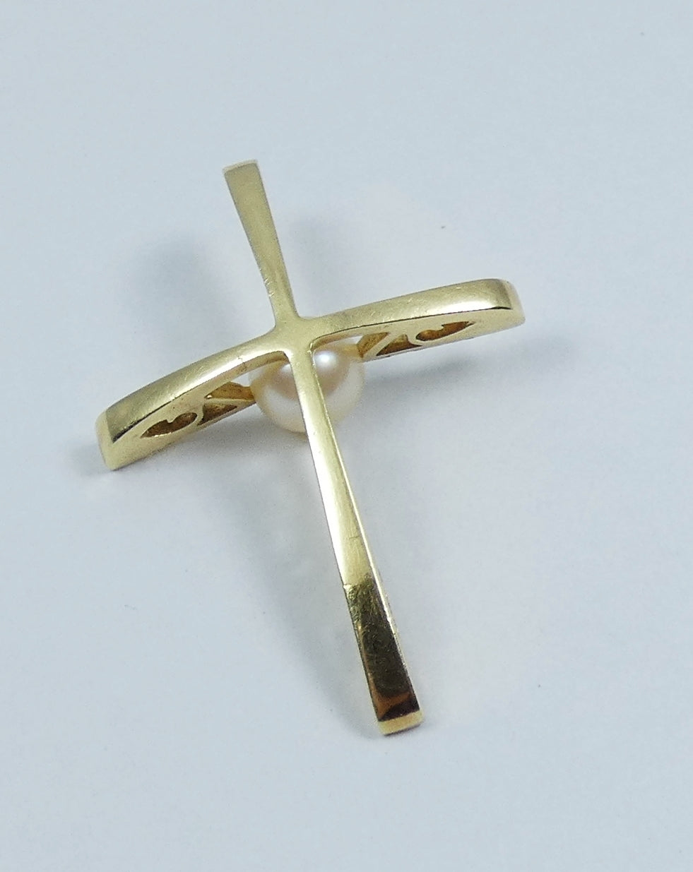 Vintage Solid 18ct Yellow Gold 6mm Pearl Large 33mm Cross Necklace Pendant 750