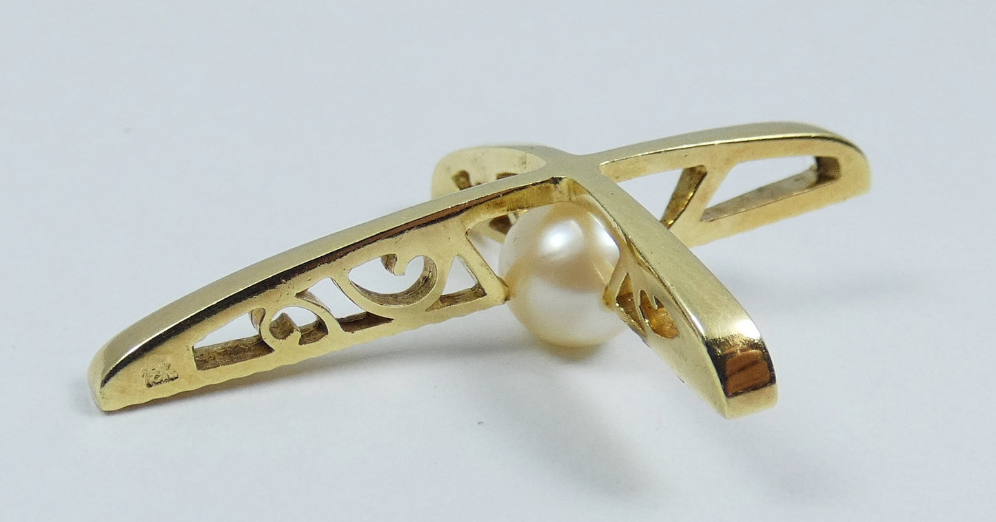 Vintage Solid 18ct Yellow Gold 6mm Pearl Large 33mm Cross Necklace Pendant 750