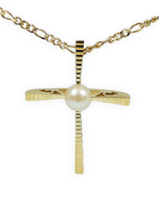 Vintage Solid 18ct Yellow Gold 6mm Pearl Large 33mm Cross Necklace Pendant 750