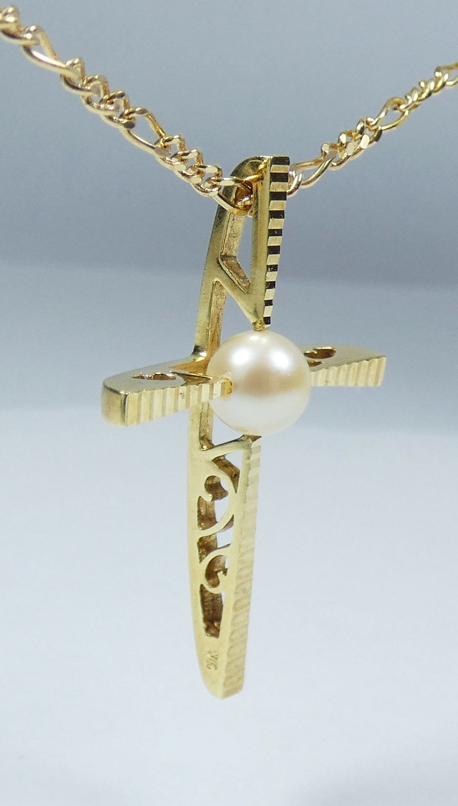 Vintage Solid 18ct Yellow Gold 6mm Pearl Large 33mm Cross Necklace Pendant 750