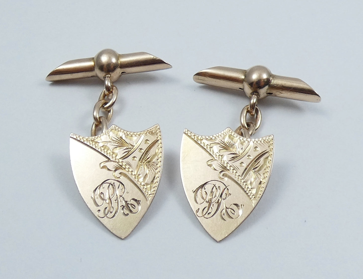 Antique Vintage Set of Solid 9ct Yellow Gold Shield Cufflinks Bright Cut 4.83gms