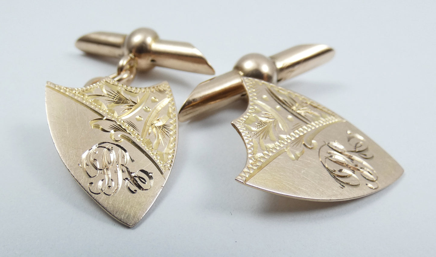 Antique Vintage Set of Solid 9ct Yellow Gold Shield Cufflinks Bright Cut 4.83gms