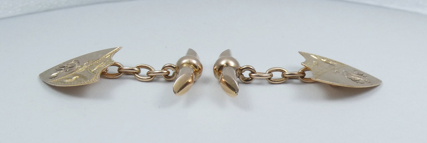 Antique Vintage Set of Solid 9ct Yellow Gold Shield Cufflinks Bright Cut 4.83gms