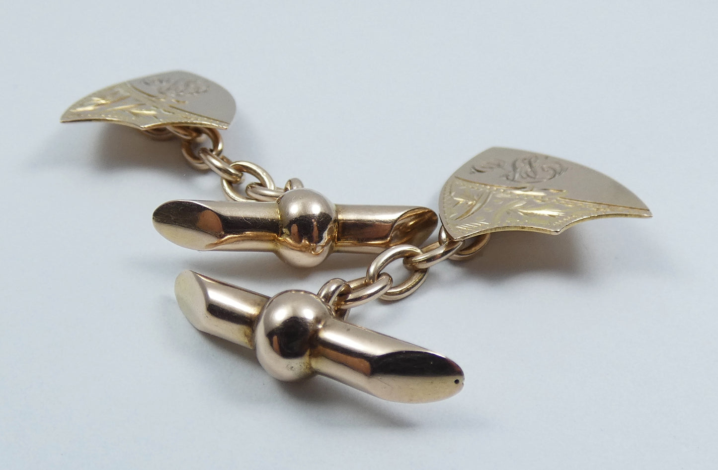 Antique Vintage Set of Solid 9ct Yellow Gold Shield Cufflinks Bright Cut 4.83gms