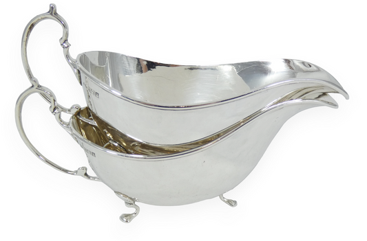 Antique Vintage 1955 Pair of Sterling Silver Gravy Boats Sauce Jugs Creamer Set