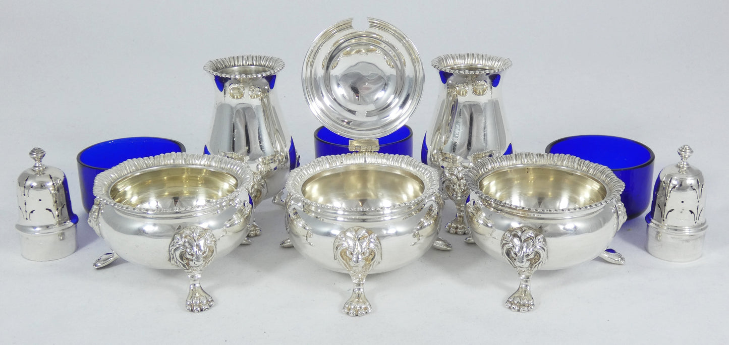Antique Vintage 1950 6pc Sterling Silver Cruet Set Lion Paw Feet Salt Cellar Pot