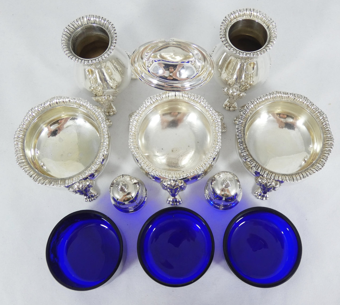 Antique Vintage 1950 6pc Sterling Silver Cruet Set Lion Paw Feet Salt Cellar Pot
