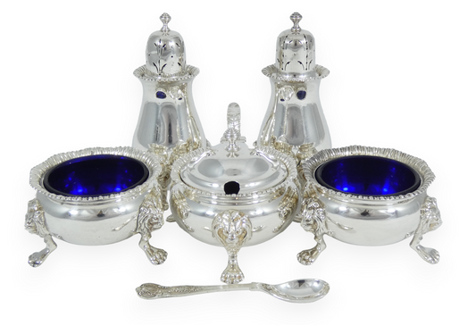 Antique Vintage 1950 6pc Sterling Silver Cruet Set Lion Paw Feet Salt Cellar Pot