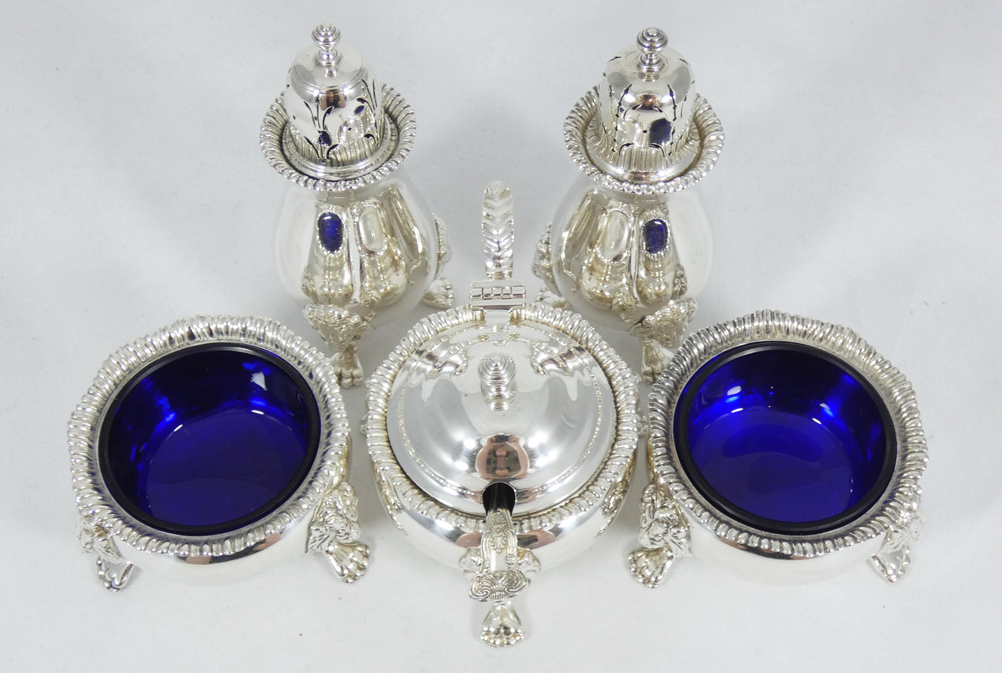 Antique Vintage 1950 6pc Sterling Silver Cruet Set Lion Paw Feet Salt Cellar Pot