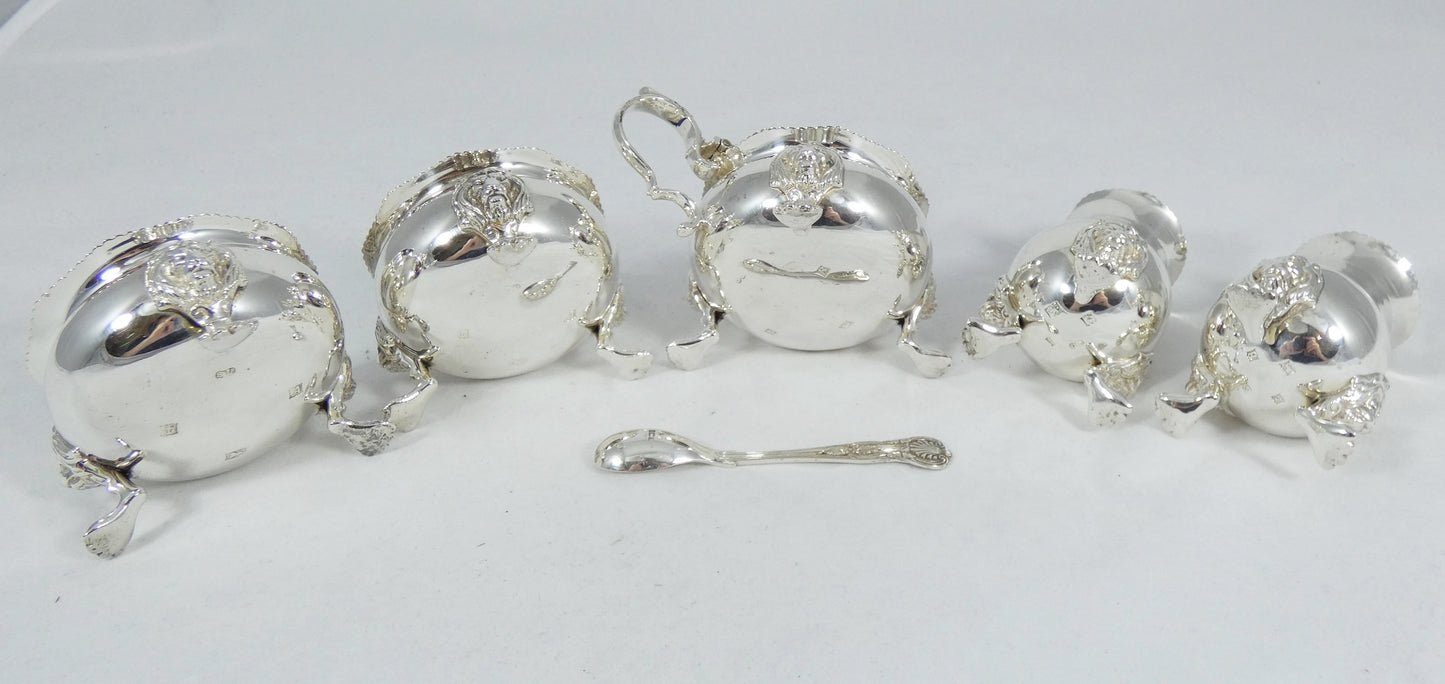 Antique Vintage 1950 6pc Sterling Silver Cruet Set Lion Paw Feet Salt Cellar Pot