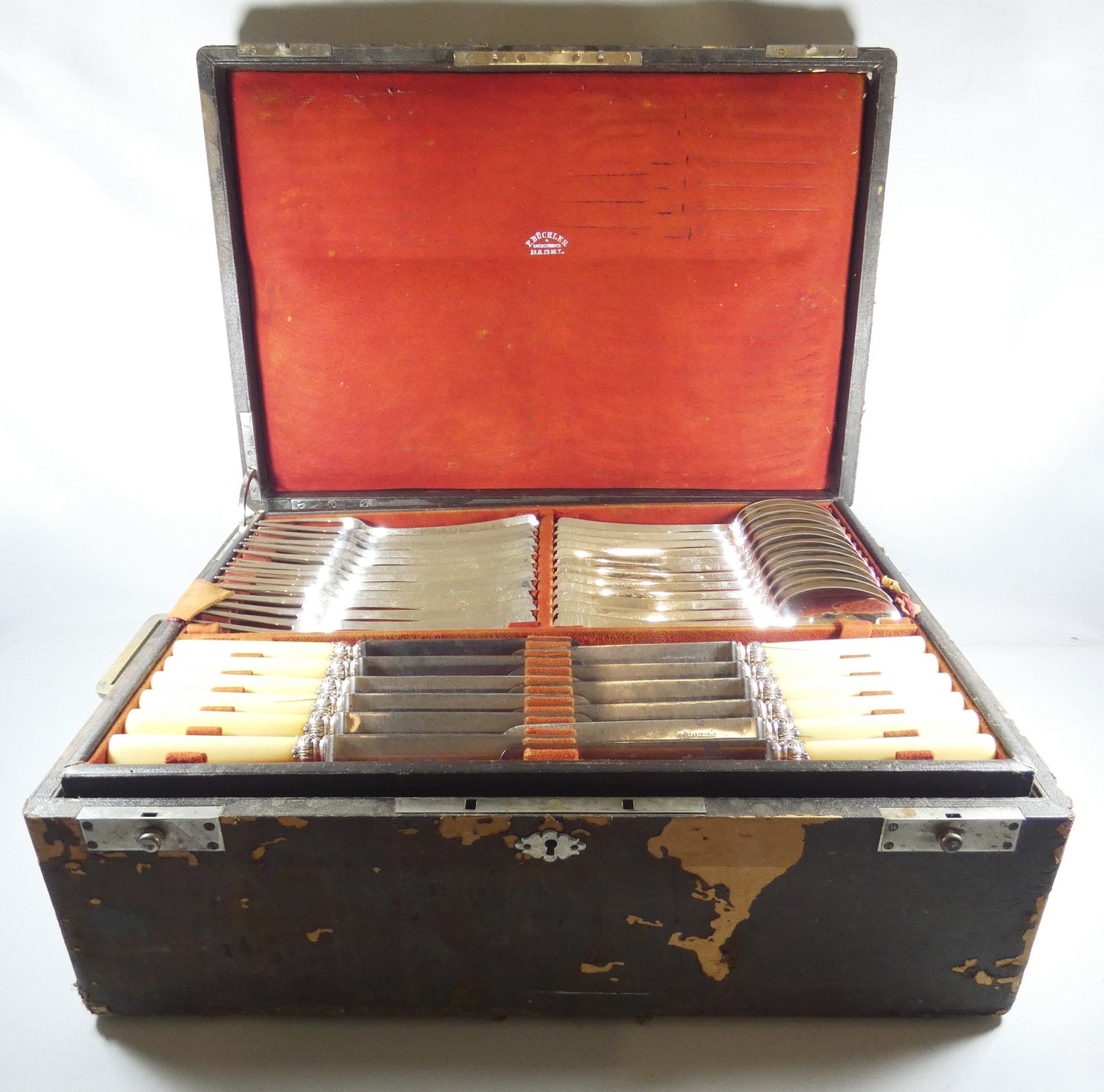 Antique 88pc Buchler Swiss Solid 800 Silver Large Boxed Cutlery Set Knife Fork