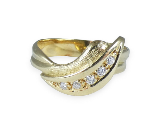 Modern Solid 18ct Yellow Gold 0.15ct Diamond Leaf Dress Ring Size 7.5 O 55 750