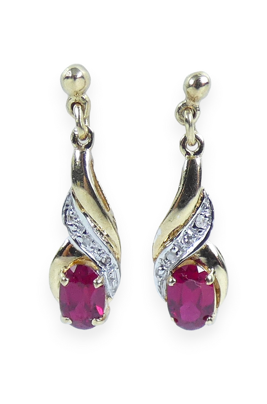 Solid 9ct Yellow Gold Pair of Pink Red Ruby & Diamond Trio Stud Earrings Set 375
