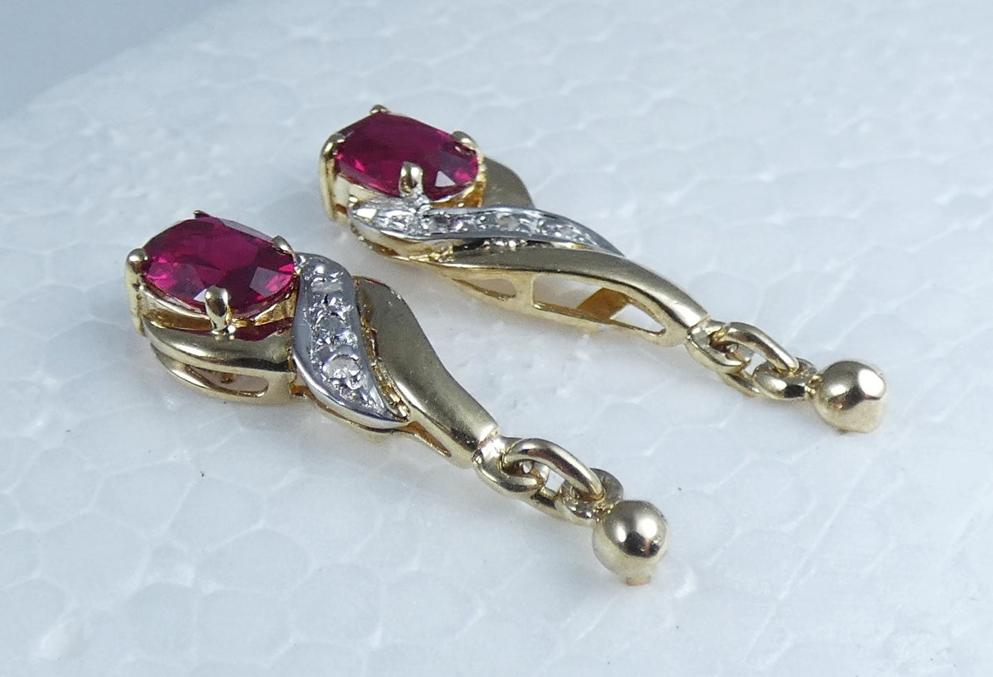 Solid 9ct Yellow Gold Pair of Pink Red Ruby & Diamond Trio Stud Earrings Set 375