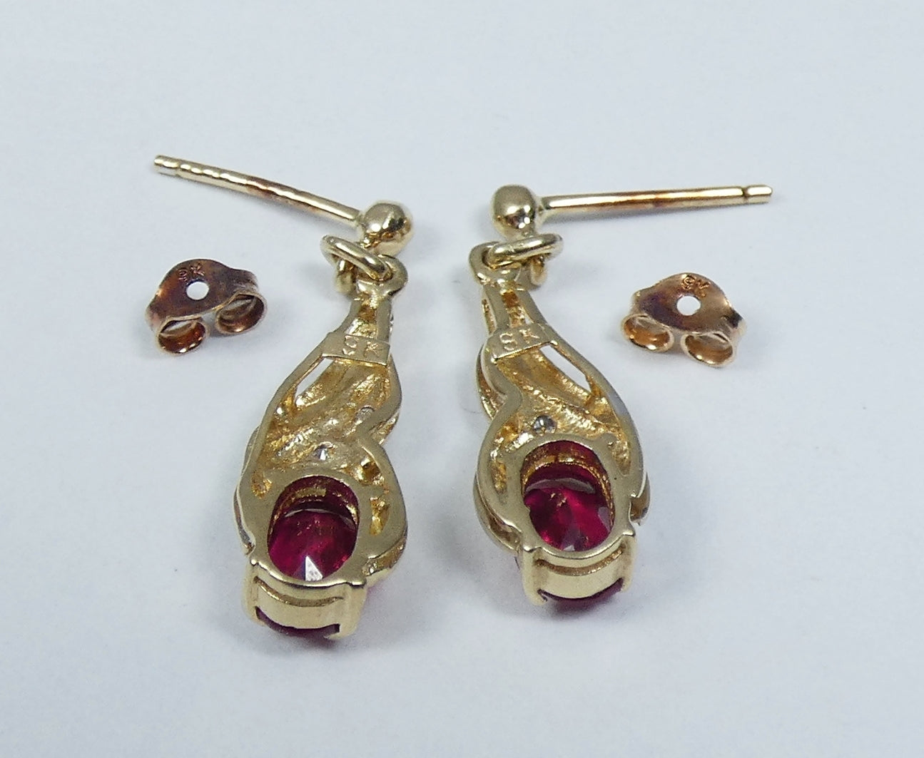 Solid 9ct Yellow Gold Pair of Pink Red Ruby & Diamond Trio Stud Earrings Set 375