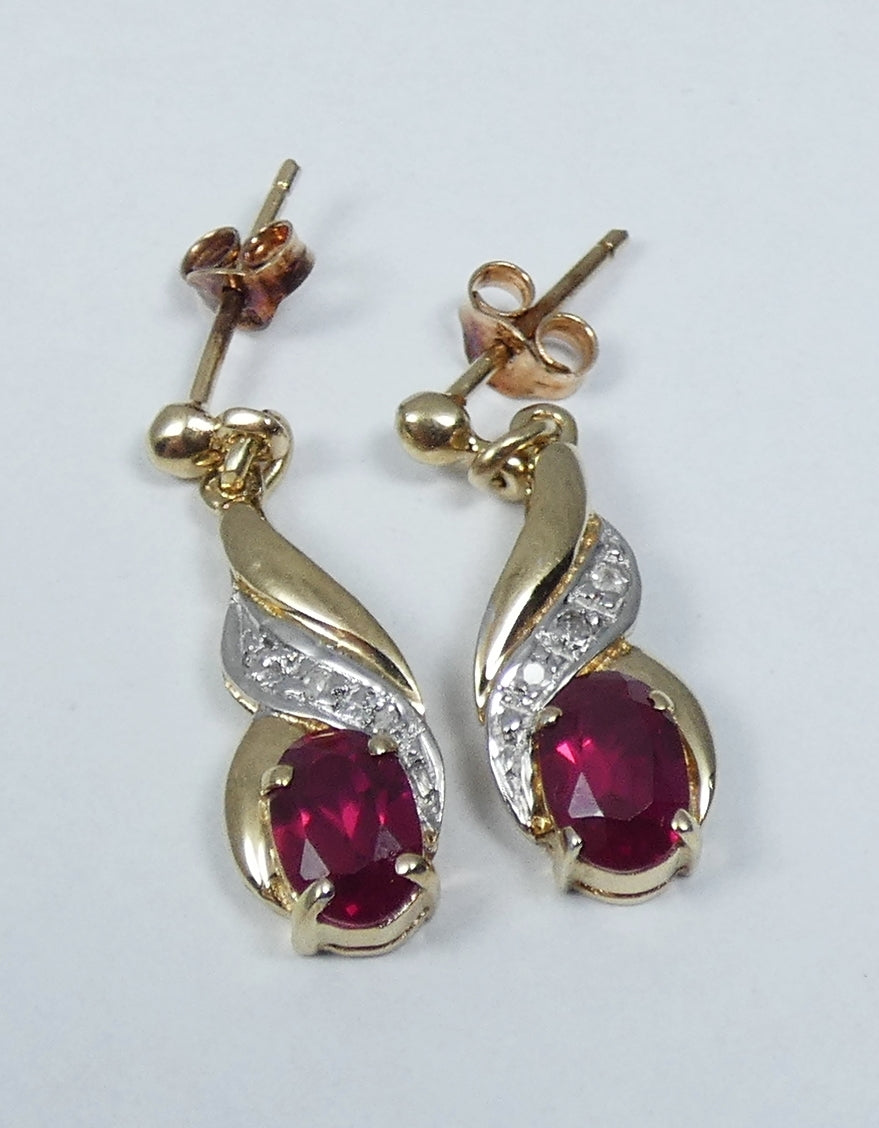 Solid 9ct Yellow Gold Pair of Pink Red Ruby & Diamond Trio Stud Earrings Set 375