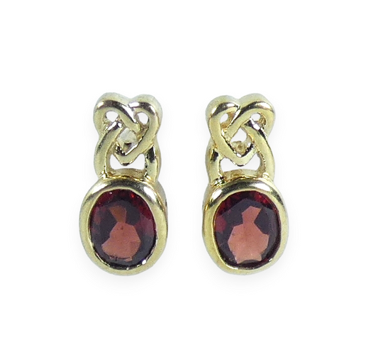 Solid 9ct Yellow Gold Pair of Maroon Red Garnet Celtic Stud Earrings Set 375