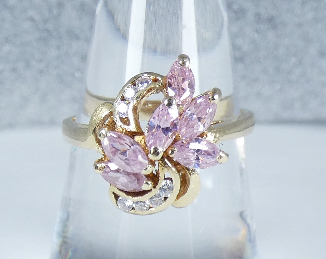 Vintage 18ct Yellow Gold Pink Kunzite Marquise Navette Cluster Dress Ring 8 P 56
