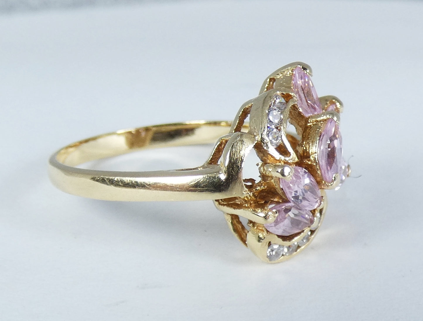 Vintage 18ct Yellow Gold Pink Kunzite Marquise Navette Cluster Dress Ring 8 P 56