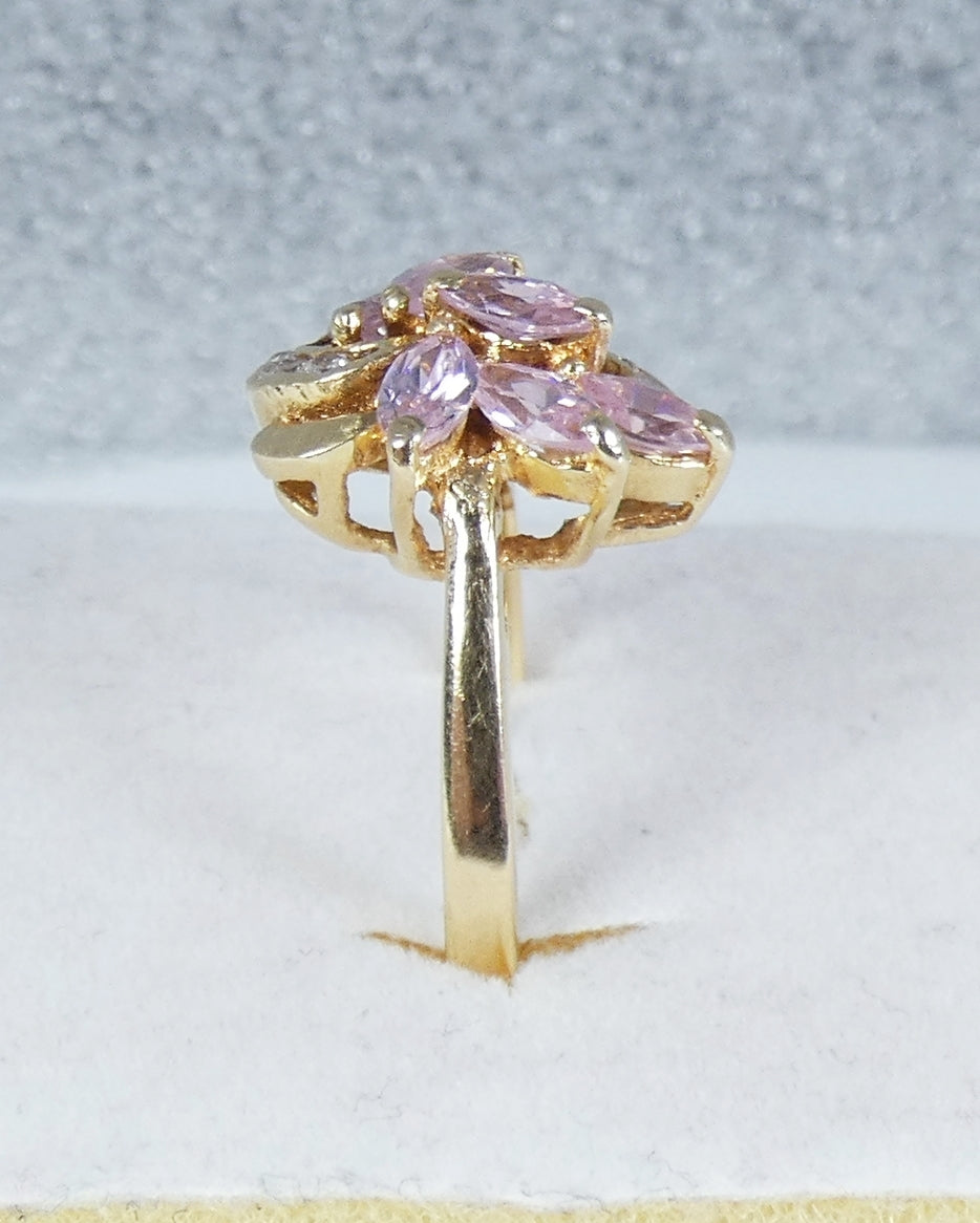 Vintage 18ct Yellow Gold Pink Kunzite Marquise Navette Cluster Dress Ring 8 P 56