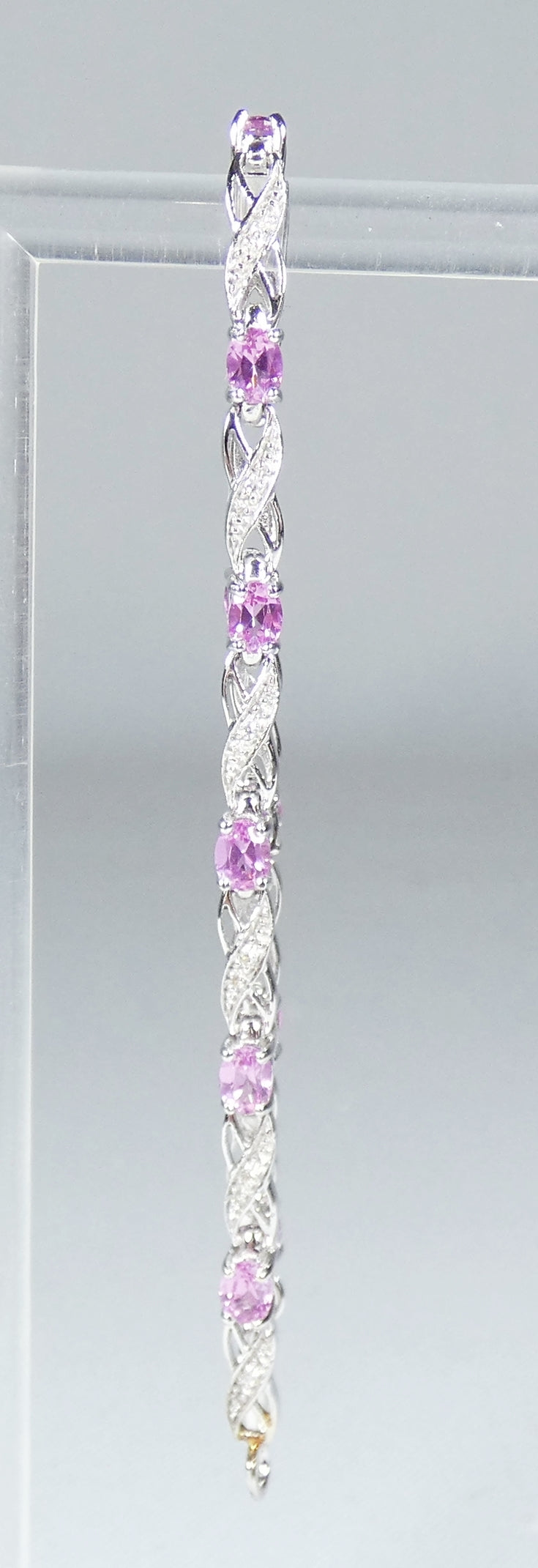 Solid 9ct White Gold Flamingo Pink Topaz & Diamond 16cm Chain Panel Bracelet 375