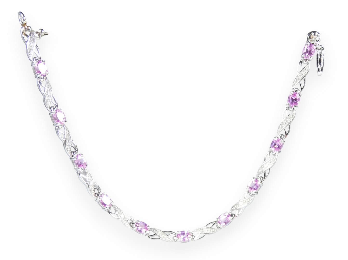 Solid 9ct White Gold Flamingo Pink Topaz & Diamond 16cm Chain Panel Bracelet 375