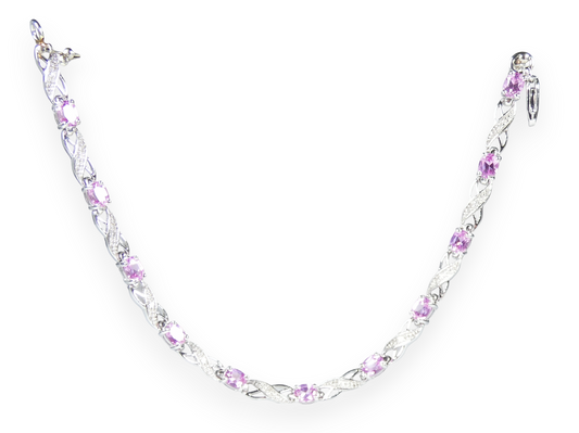 Solid 9ct White Gold Flamingo Pink Topaz & Diamond 16cm Chain Panel Bracelet 375