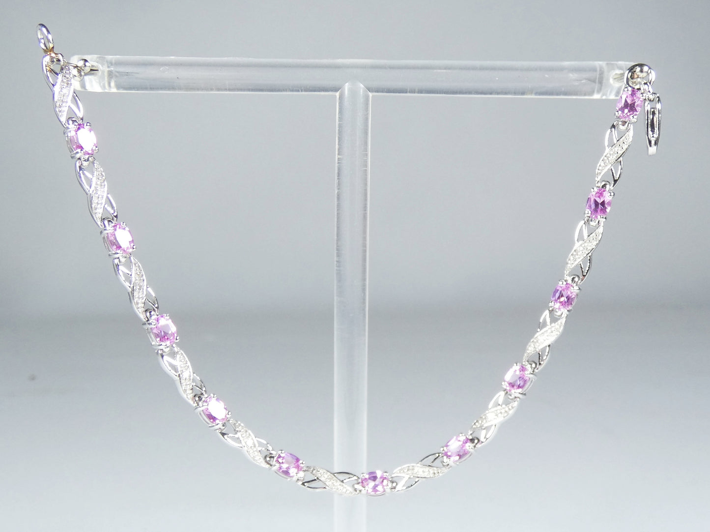 Solid 9ct White Gold Flamingo Pink Topaz & Diamond 16cm Chain Panel Bracelet 375