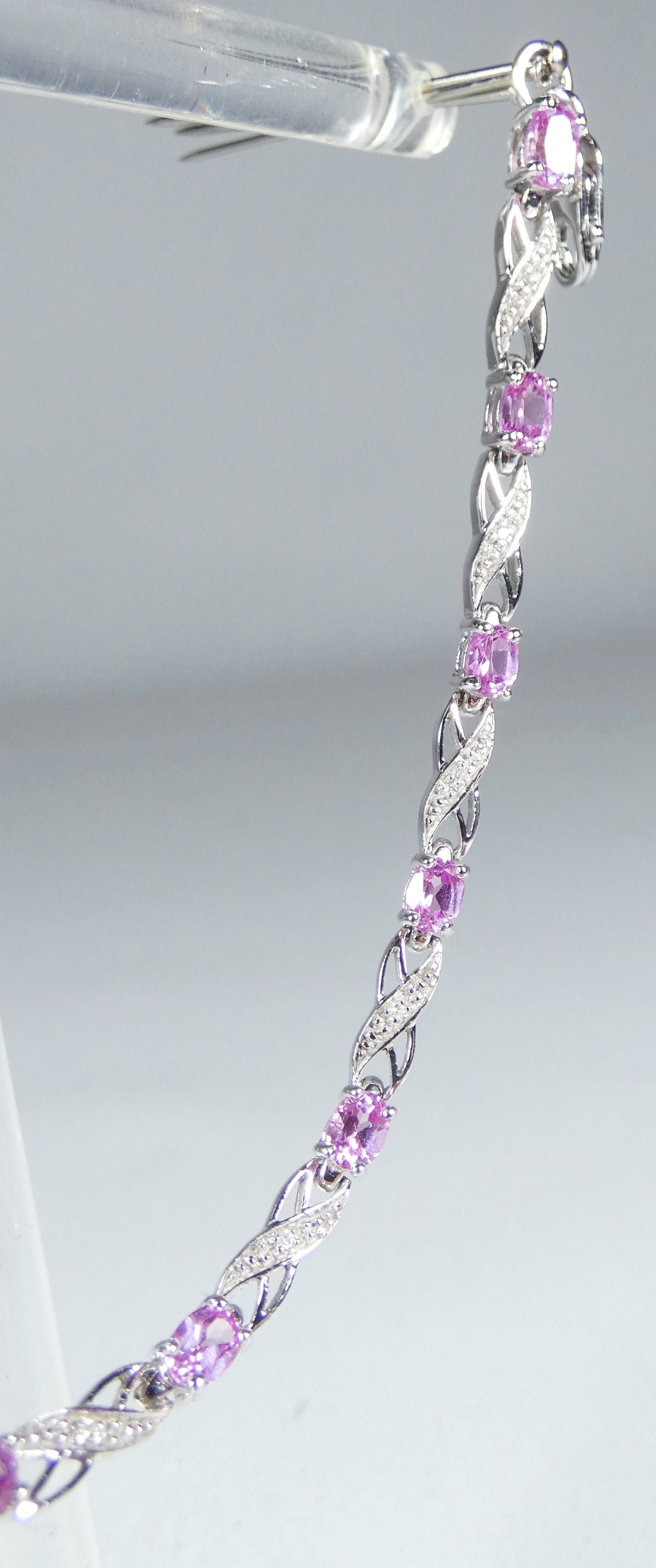 Solid 9ct White Gold Flamingo Pink Topaz & Diamond 16cm Chain Panel Bracelet 375