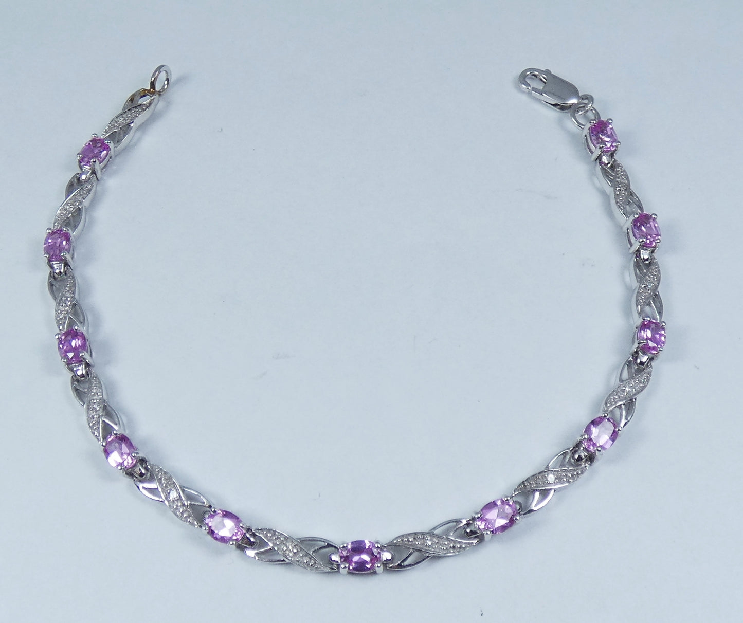 Solid 9ct White Gold Flamingo Pink Topaz & Diamond 16cm Chain Panel Bracelet 375