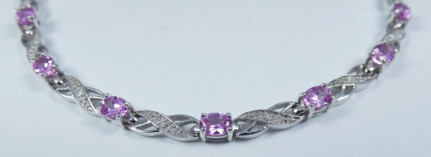 Solid 9ct White Gold Flamingo Pink Topaz & Diamond 16cm Chain Panel Bracelet 375