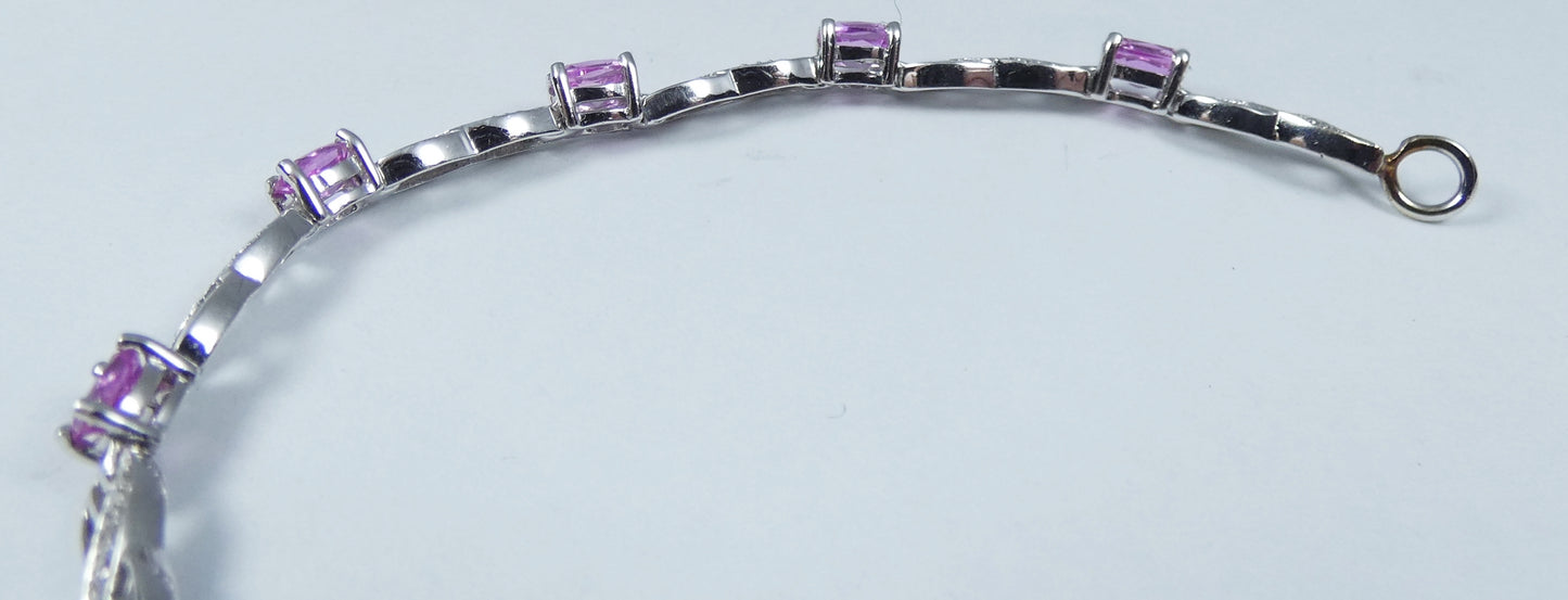 Solid 9ct White Gold Flamingo Pink Topaz & Diamond 16cm Chain Panel Bracelet 375