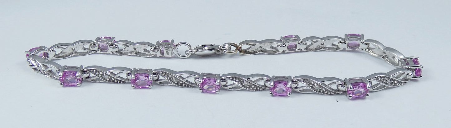 Solid 9ct White Gold Flamingo Pink Topaz & Diamond 16cm Chain Panel Bracelet 375