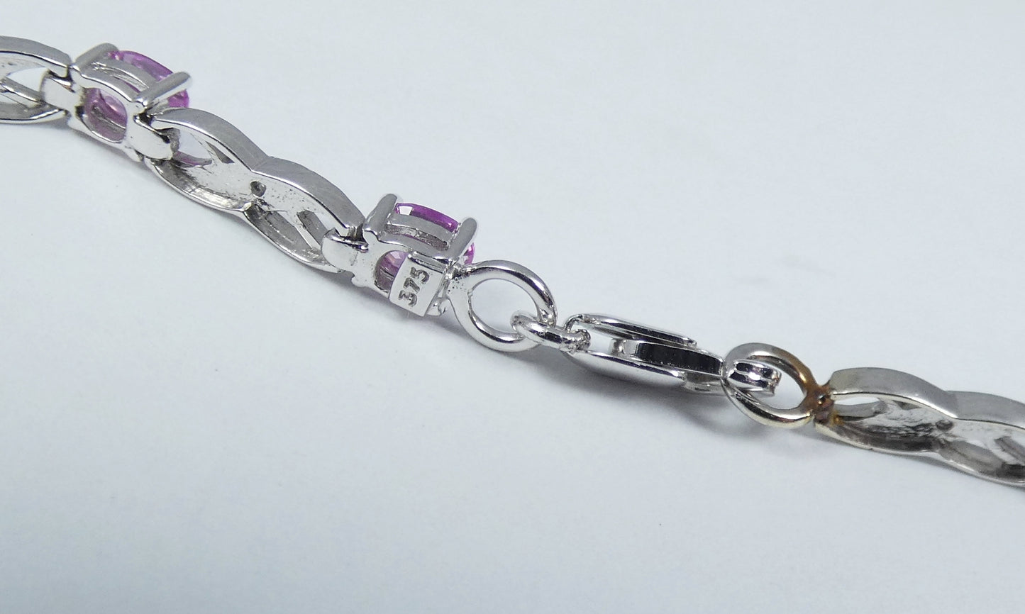 Solid 9ct White Gold Flamingo Pink Topaz & Diamond 16cm Chain Panel Bracelet 375