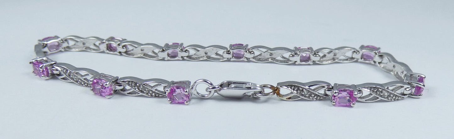 Solid 9ct White Gold Flamingo Pink Topaz & Diamond 16cm Chain Panel Bracelet 375