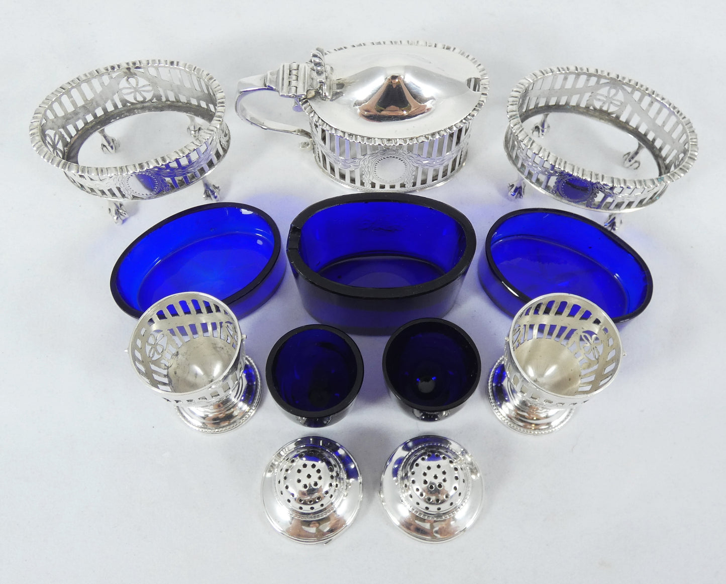 Antique Edwardian 1907 Sterling Silver Blue Glass 5pc Cruet Set Mustard Salt Pot