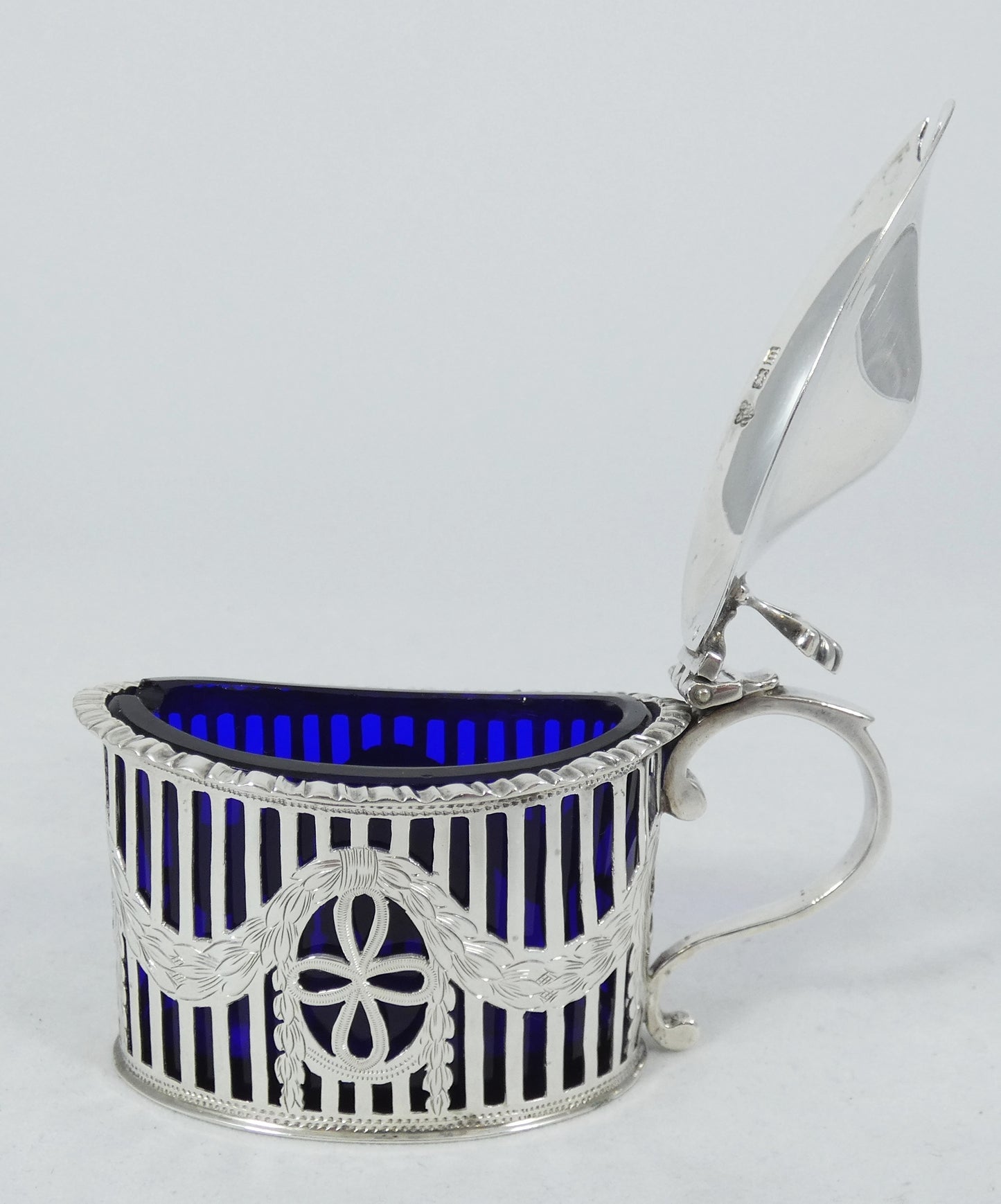 Antique Edwardian 1907 Sterling Silver Blue Glass 5pc Cruet Set Mustard Salt Pot