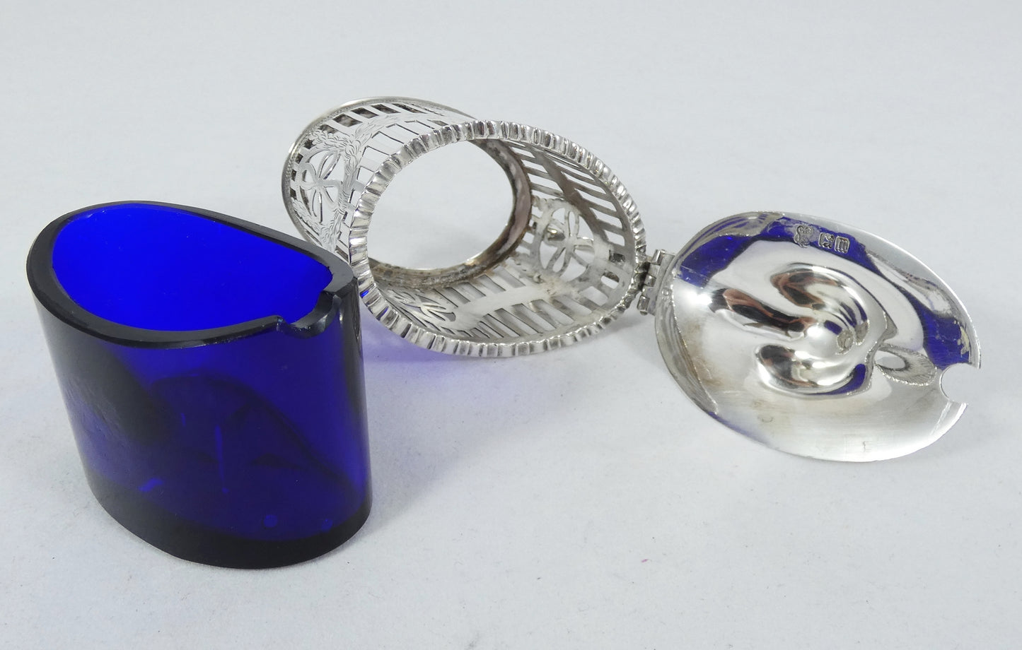 Antique Edwardian 1907 Sterling Silver Blue Glass 5pc Cruet Set Mustard Salt Pot