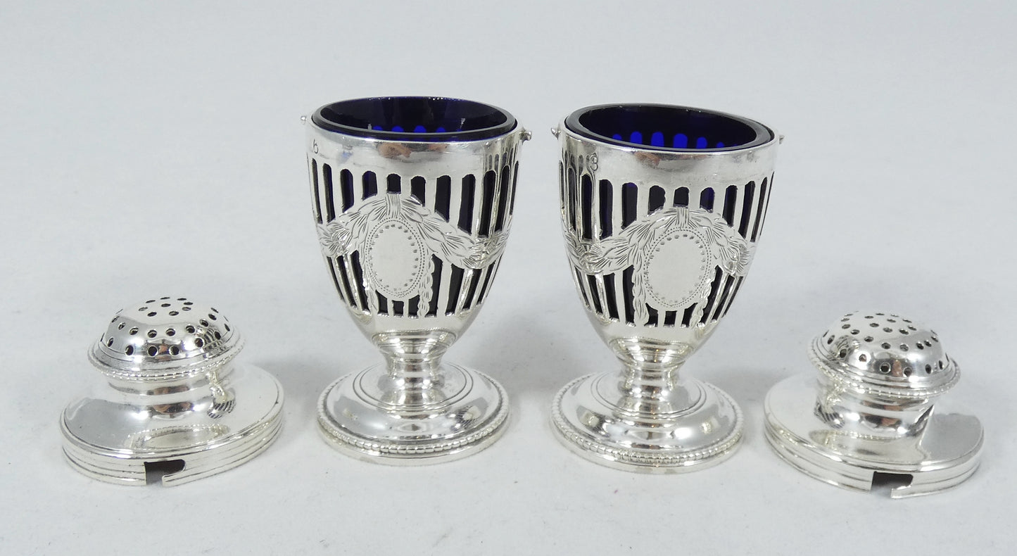 Antique Edwardian 1907 Sterling Silver Blue Glass 5pc Cruet Set Mustard Salt Pot