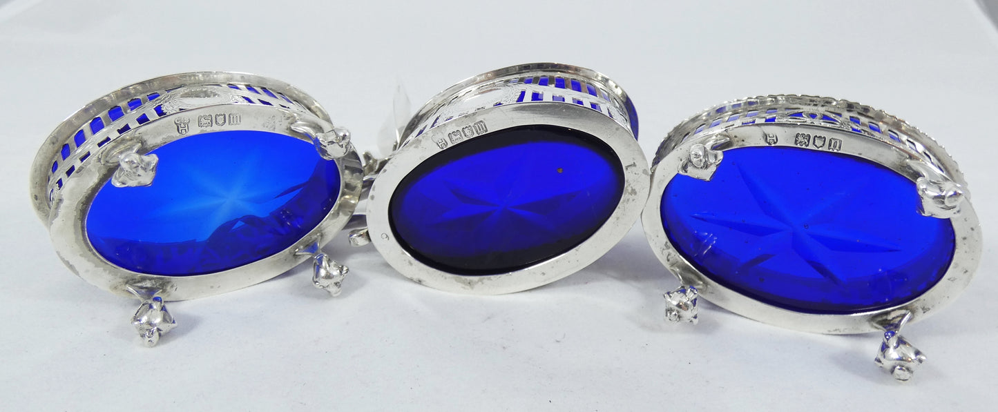 Antique Edwardian 1907 Sterling Silver Blue Glass 5pc Cruet Set Mustard Salt Pot