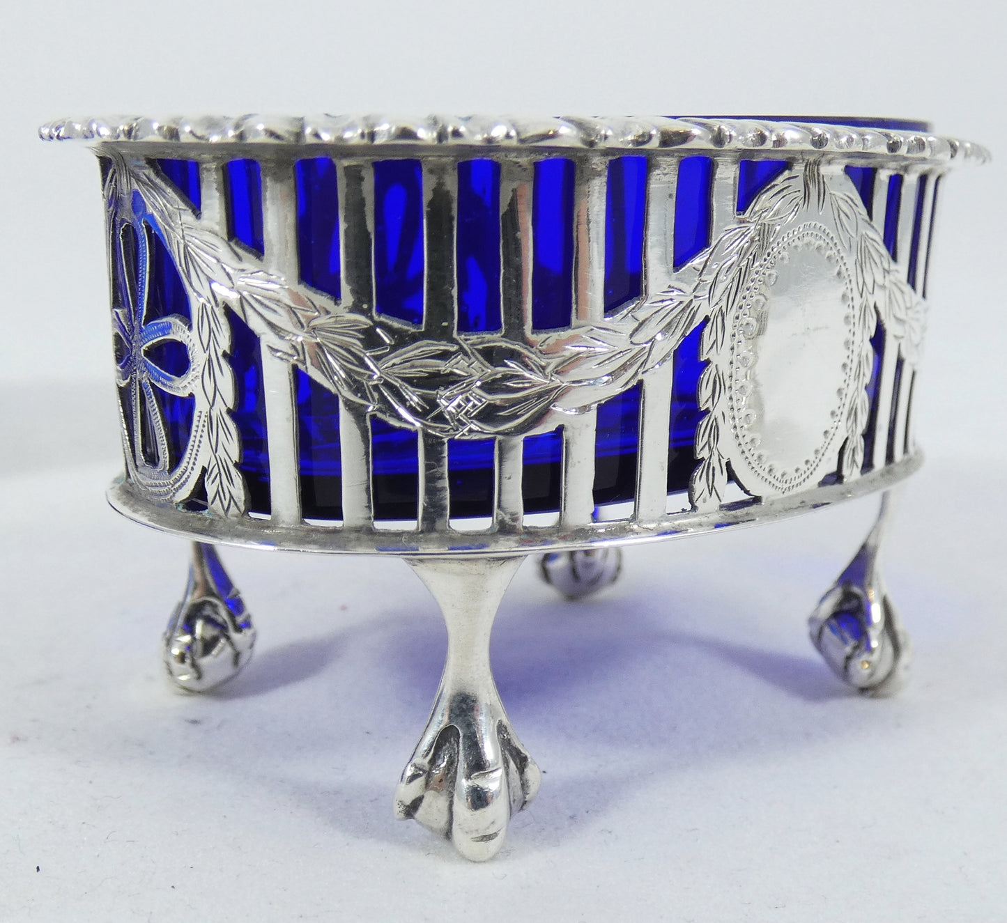 Antique Edwardian 1907 Sterling Silver Blue Glass 5pc Cruet Set Mustard Salt Pot
