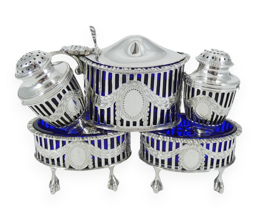 Antique Edwardian 1907 Sterling Silver Blue Glass 5pc Cruet Set Mustard Salt Pot