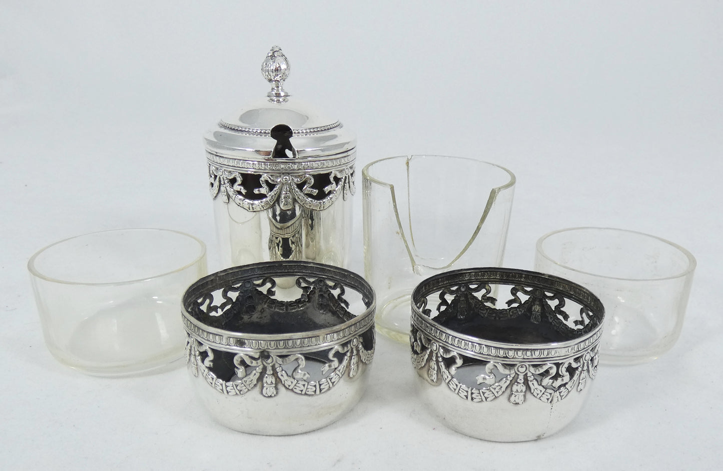 Antique 1900 French 950 Sterling Silver 3pc Cruet Set Salt Cellar Mustard Pot