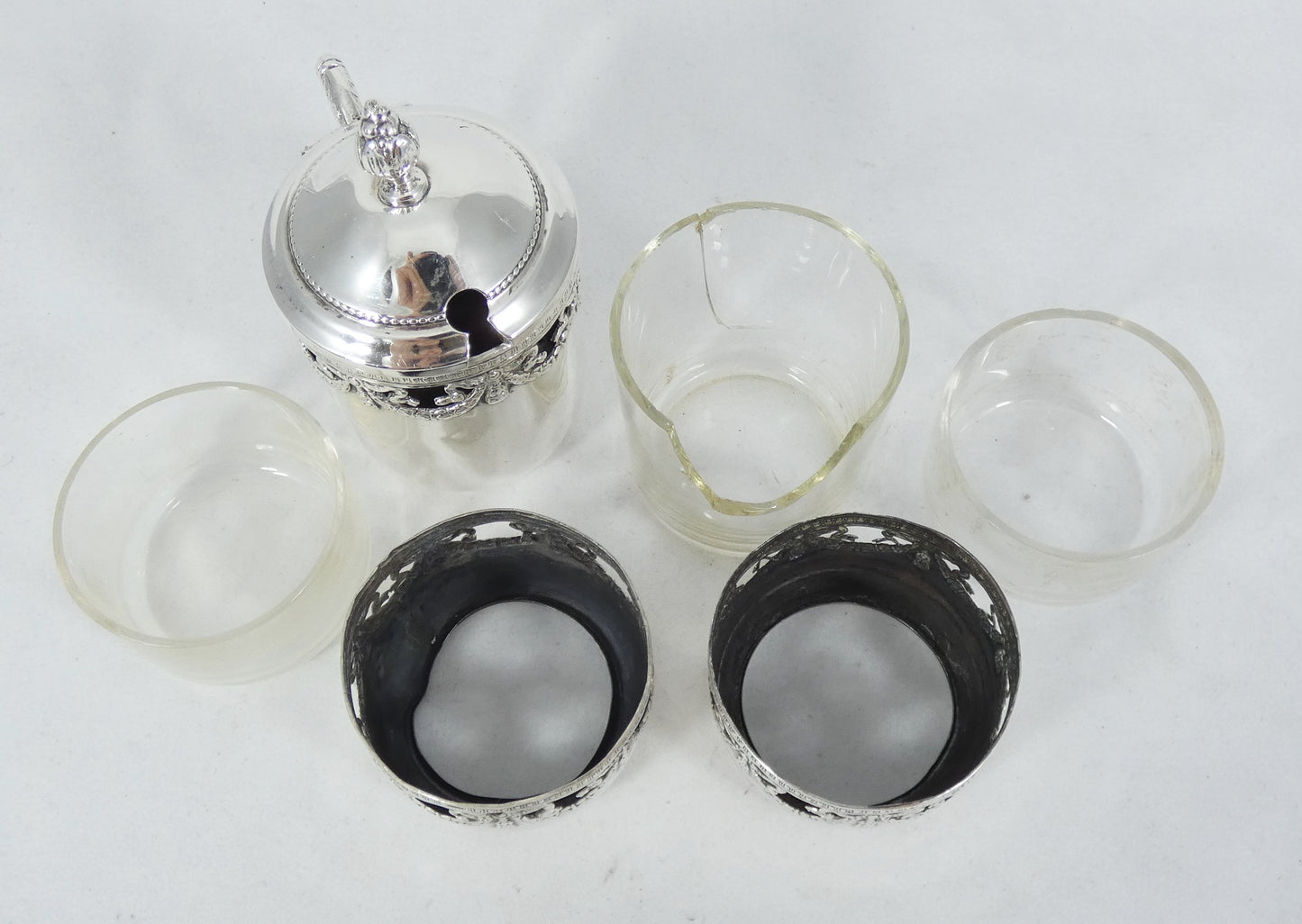 Antique 1900 French 950 Sterling Silver 3pc Cruet Set Salt Cellar Mustard Pot