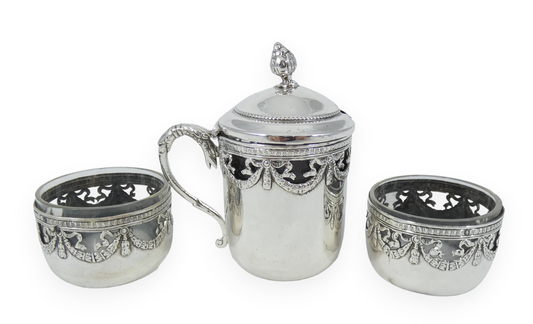 Antique 1900 French 950 Sterling Silver 3pc Cruet Set Salt Cellar Mustard Pot