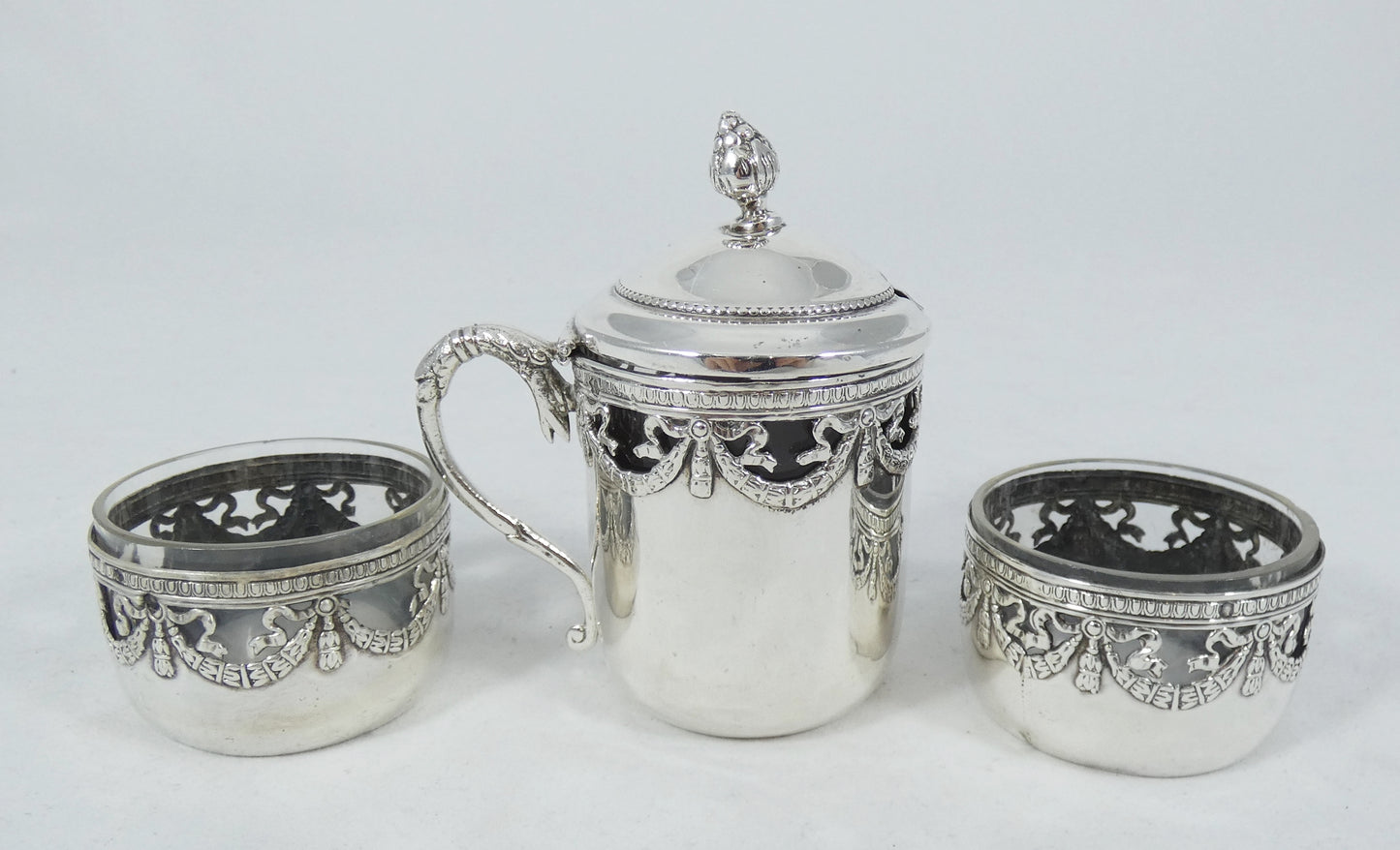 Antique 1900 French 950 Sterling Silver 3pc Cruet Set Salt Cellar Mustard Pot