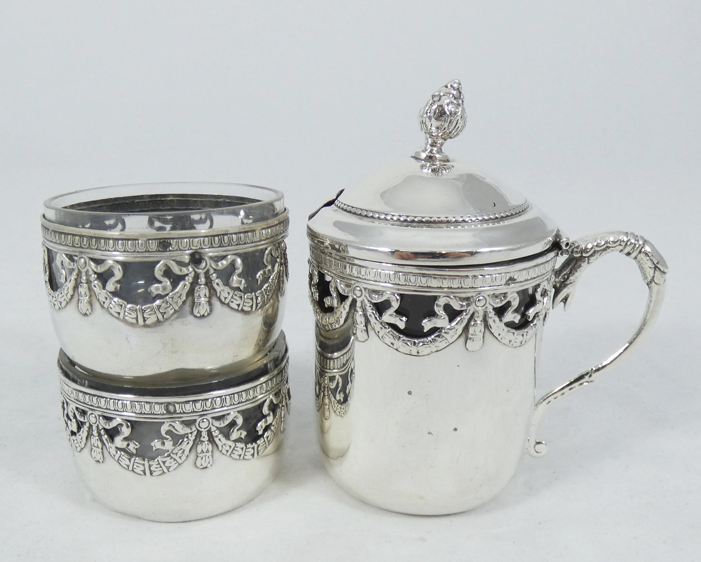 Antique 1900 French 950 Sterling Silver 3pc Cruet Set Salt Cellar Mustard Pot